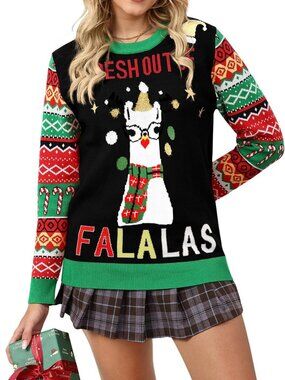 Medium Black Long Sleeve Ugly Christmas Sweater - Funny Pattern Holiday Knit Top